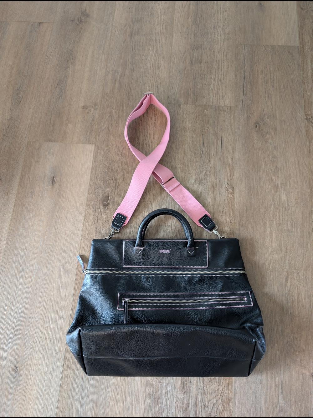 Matt & Nat Black Weekender Bag with Pink Strap